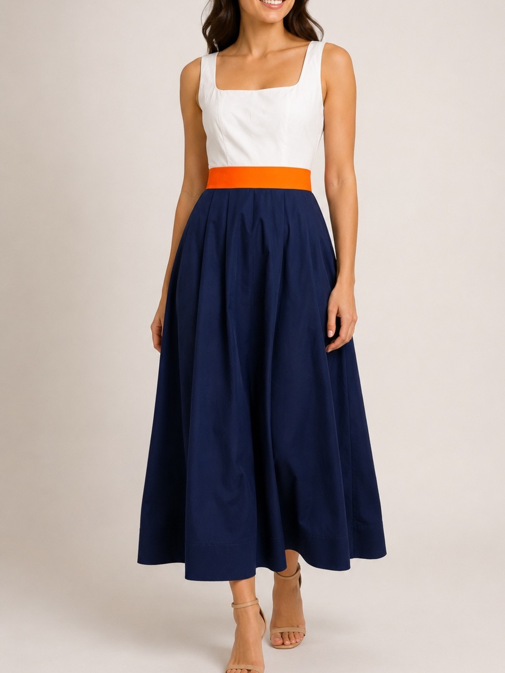 Staud Women’s Size 4 Colorblock Navy Blue White Orange Midi Dress Cotton Zipper